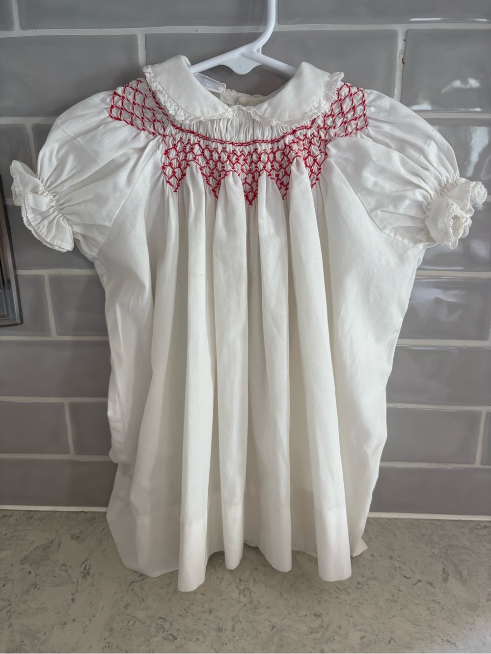 Vintage Polly Flinders 60’s-70’s baby smocked dress red, white 18 mths